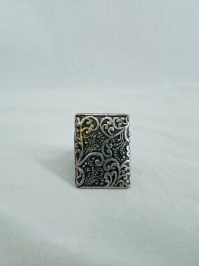 Vintage Adult Silver Tone Aztec Geometric Ring with Elastic Band